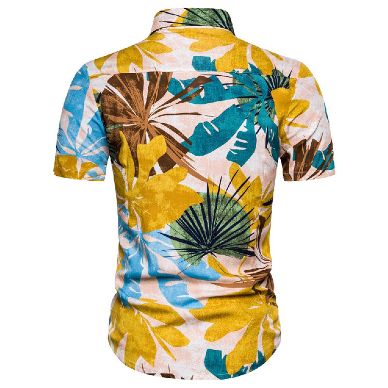 Cotton And Linen Printed Pocket Button-down Shirt
