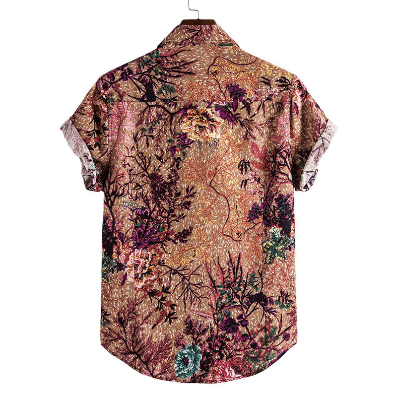 Cotton And Linen Printed Pocket Button-down Shirt