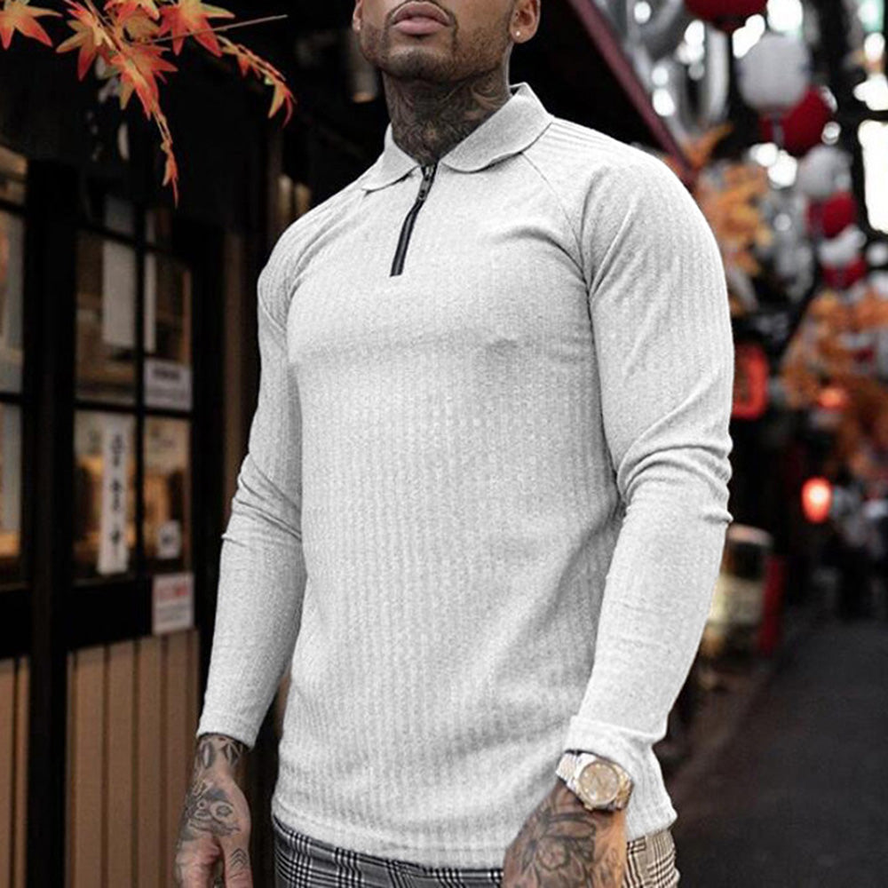 Lapel Zip Stretch Breathable Sports Men's Long Sleeve T-Shirt