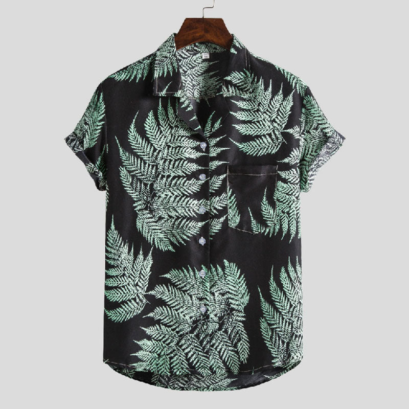 Cotton And Linen Printed Pocket Button-down Shirt