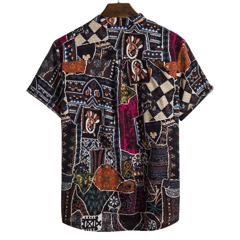 Cotton And Linen Printed Pocket Button-down Shirt