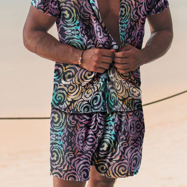 Personality Trend Retro Colorful Print Hawaiian Vacation Two-Piece Set