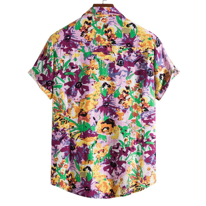 Cotton And Linen Printed Pocket Button-down Shirt