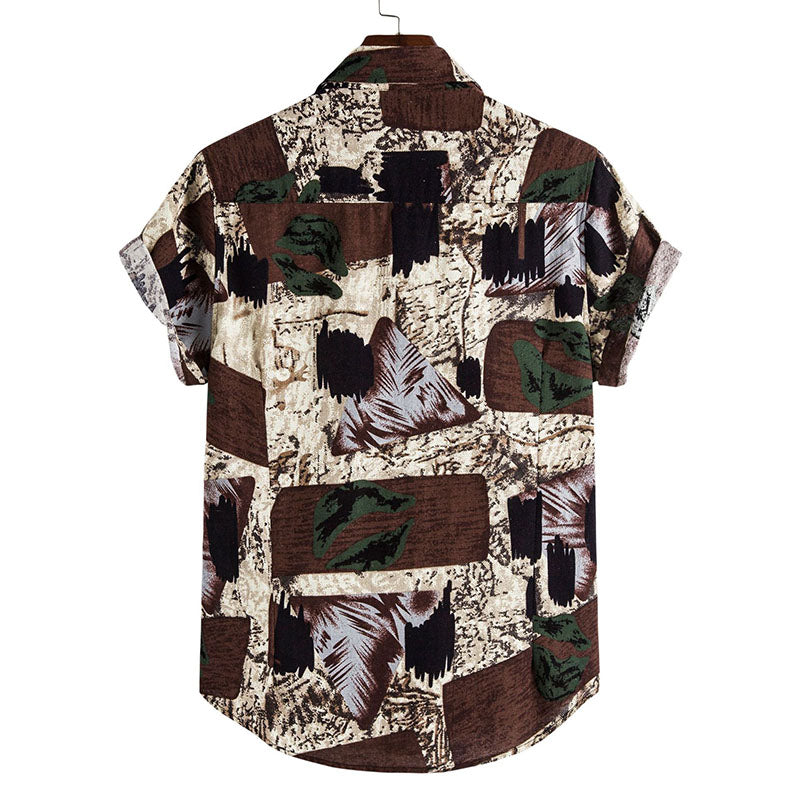 Cotton And Linen Printed Pocket Button-down Shirt