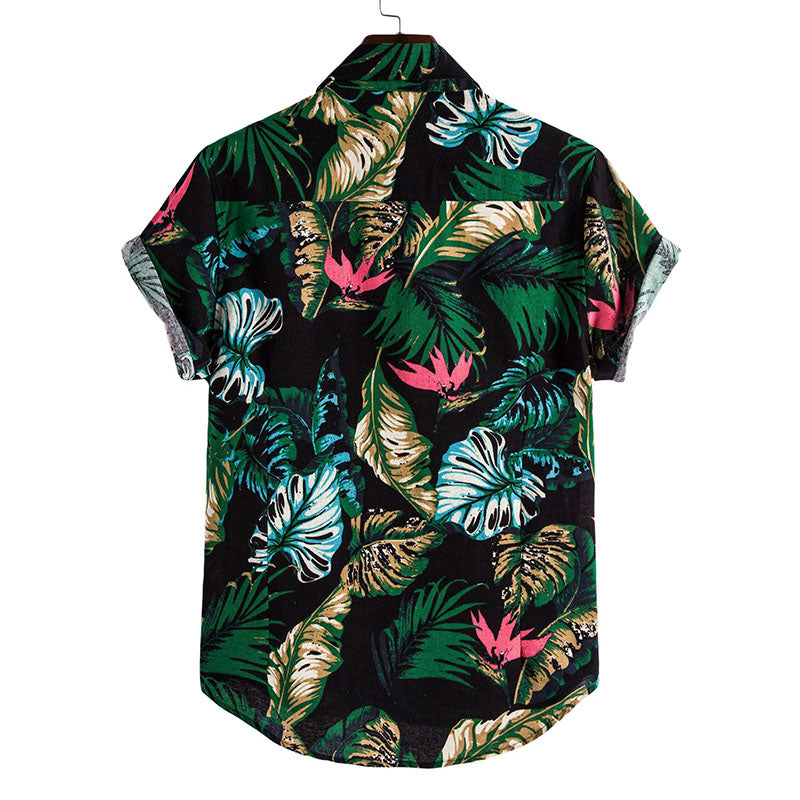 Cotton And Linen Printed Pocket Button-down Shirt