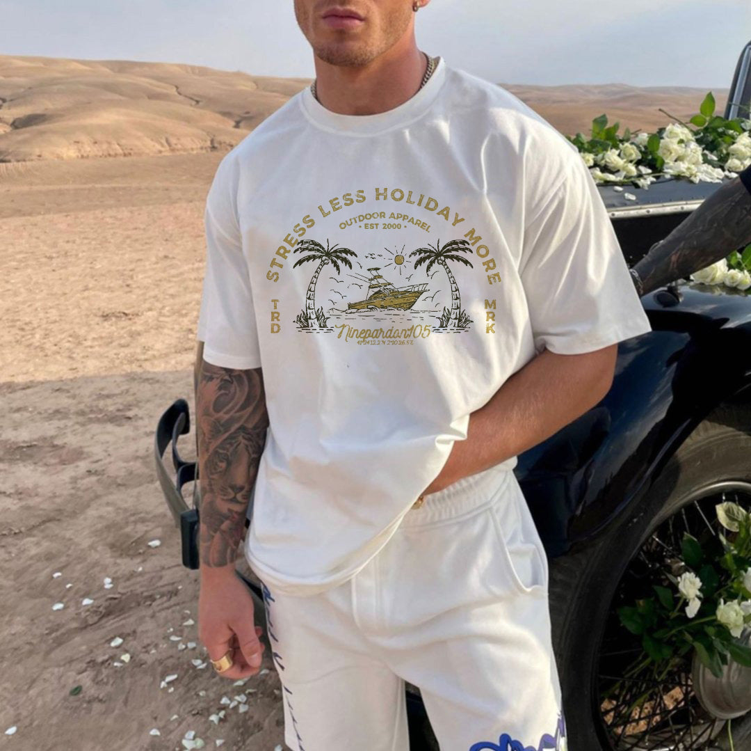 Beach Vacation Graphic Print Loose Casual Crewneck Men's T-Shirt