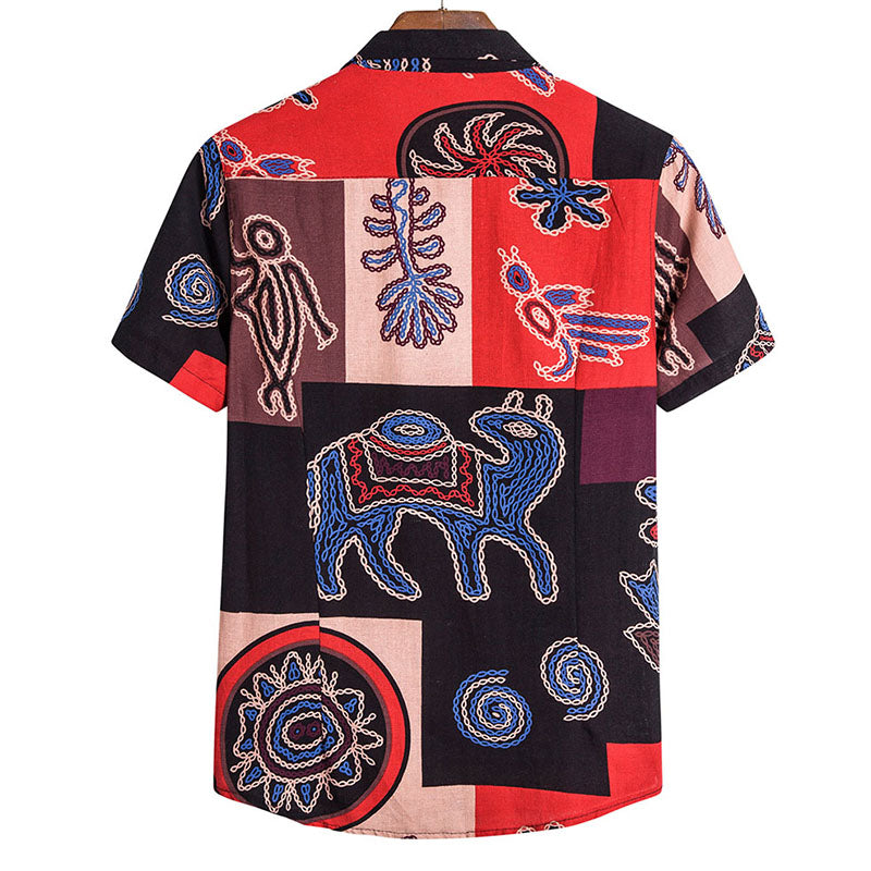 Cotton And Linen Printed Pocket Button-down Shirt