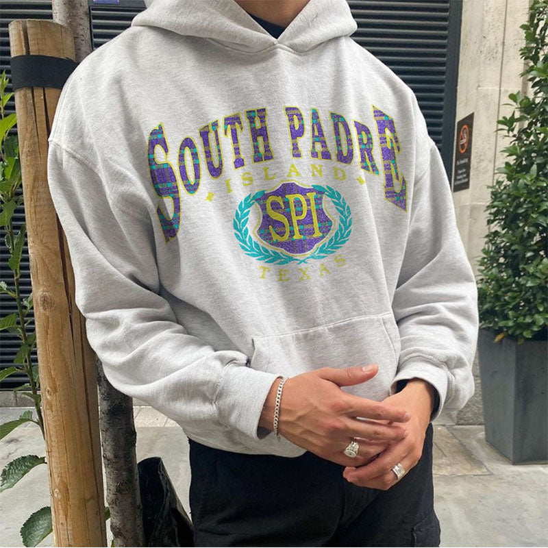 South Padre Island Print Mens' Fleece Hoodie Grey 320g