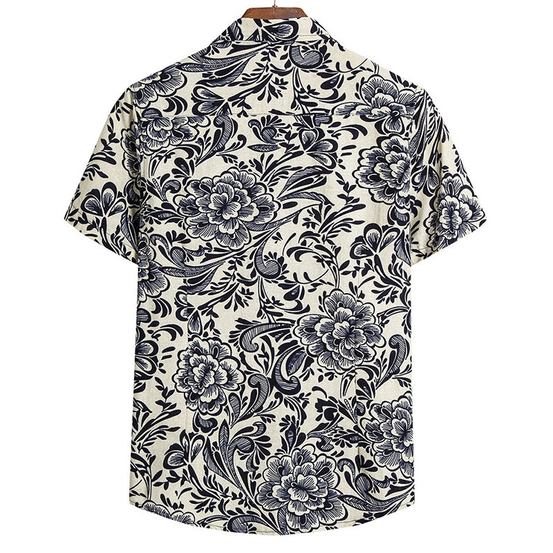 Cotton And Linen Printed Pocket Button-down Shirt