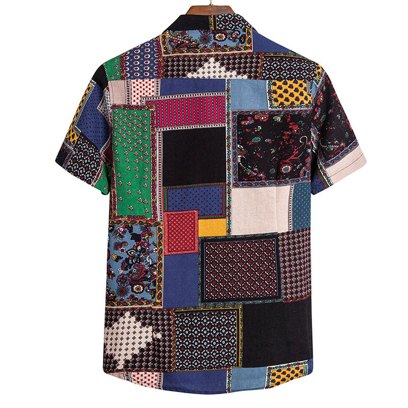Cotton And Linen Printed Pocket Button-down Shirt