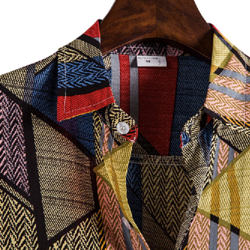 Cotton And Linen Printed Pocket Button-down Shirt