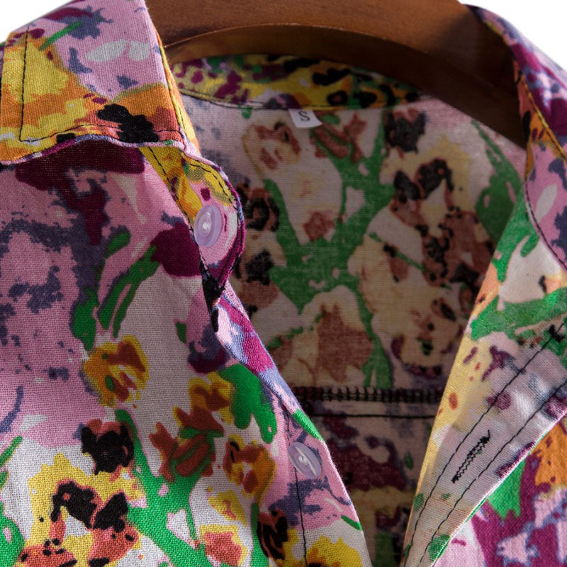 Cotton And Linen Printed Pocket Button-down Shirt