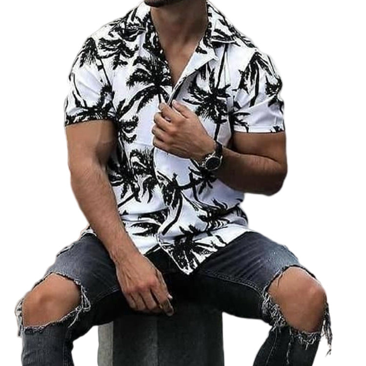 Men's Lapel Loose Coconut Short Sleeve Print Casual Short Sleeve Shirt