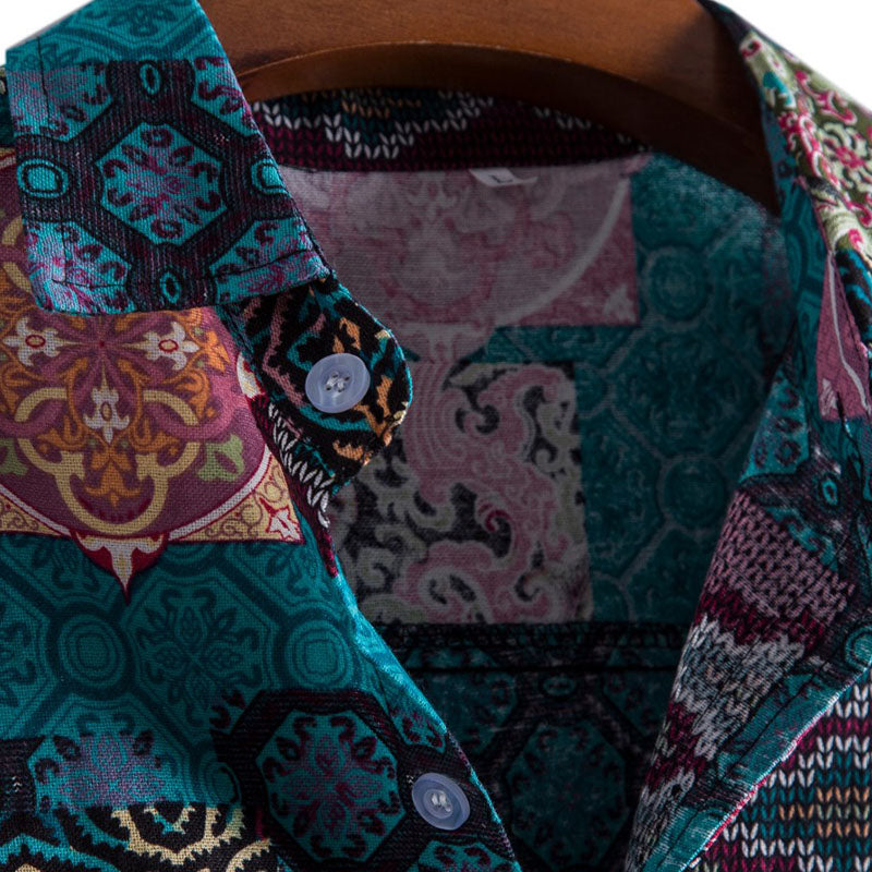 Cotton And Linen Printed Pocket Button-down Shirt