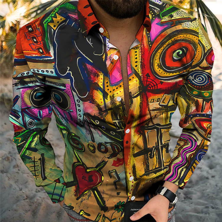 Personality Trend Multicolor Digital Printing Casual Beach Vacation Long Sleeve Shirt