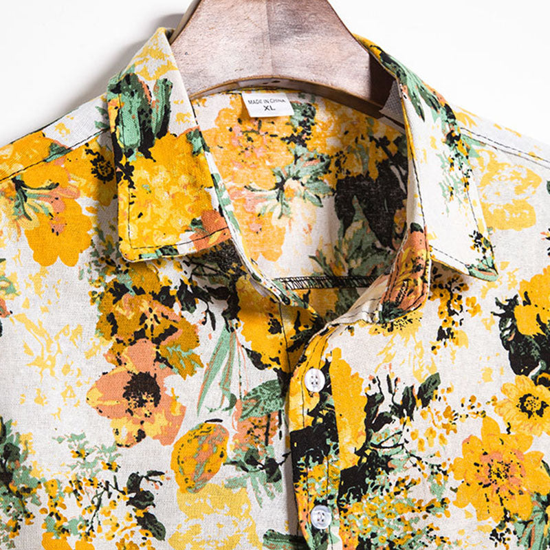 Cotton And Linen Printed Pocket Button-down Shirt