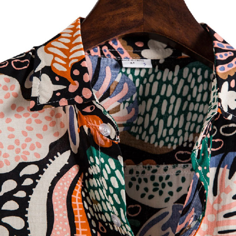 Cotton And Linen Printed Pocket Button-down Shirt