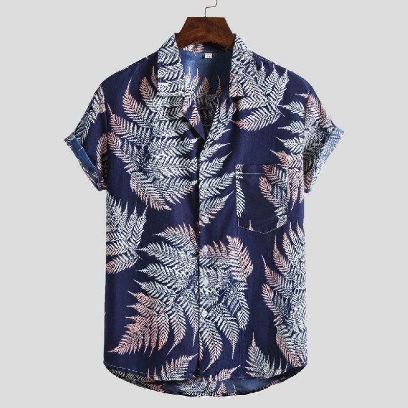 Cotton And Linen Printed Pocket Button-down Shirt