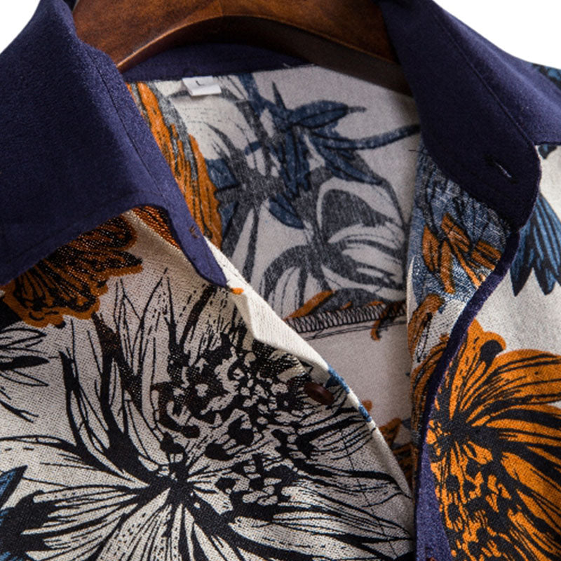 Cotton And Linen Printed Pocket Button-down Shirt