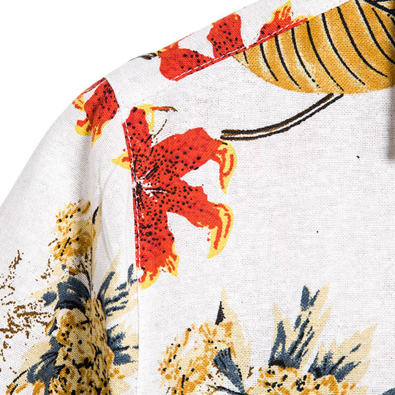 Cotton And Linen Printed Pocket Button-down Shirt