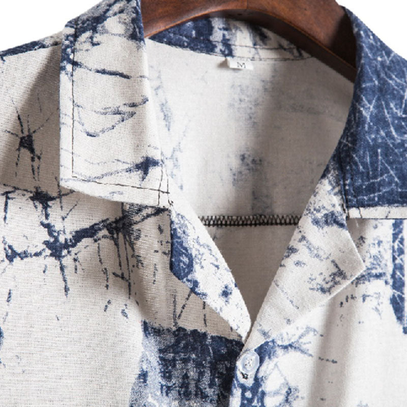 Cotton And Linen Printed Pocket Button-down Shirt
