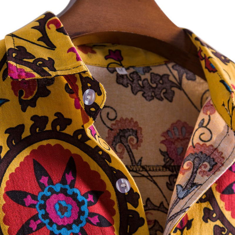 Cotton And Linen Printed Pocket Button-down Shirt