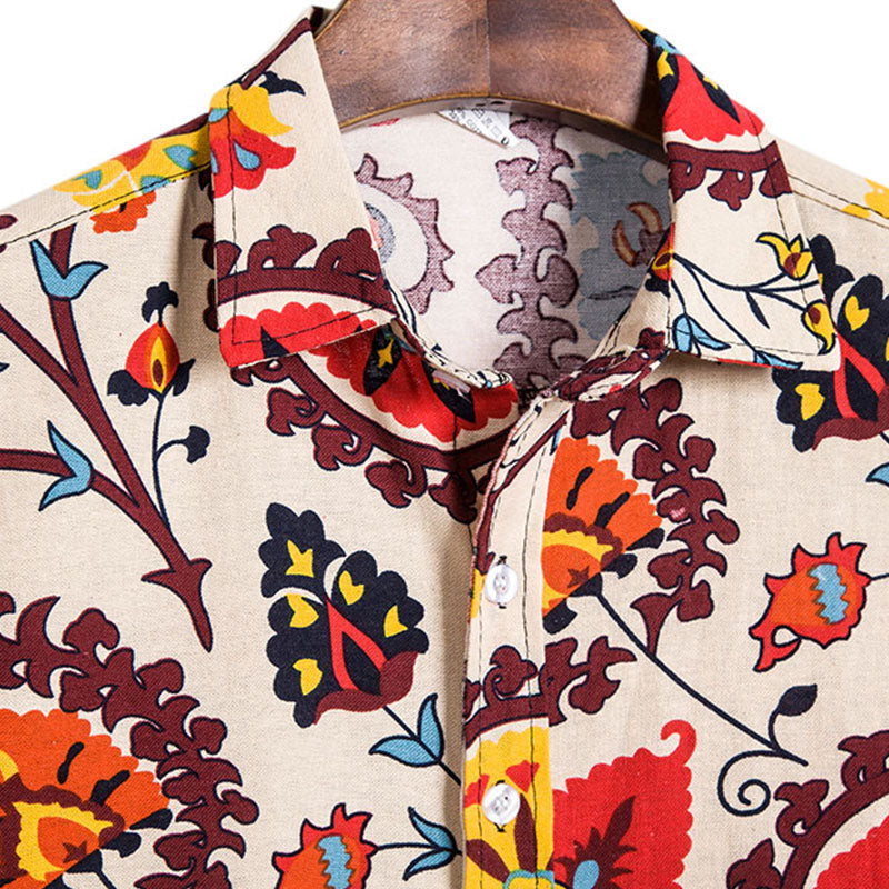 Cotton And Linen Printed Pocket Button-down Shirt