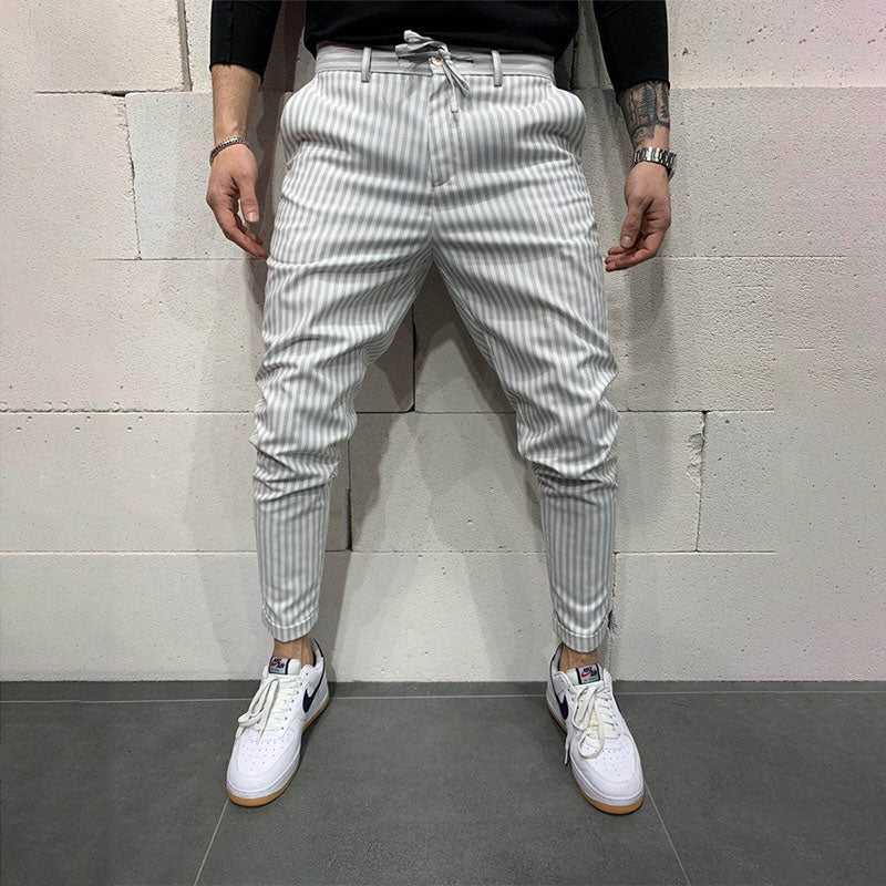 Small footed casual trousers lace up striped trousers