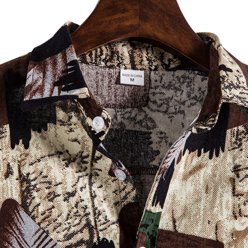 Cotton And Linen Printed Pocket Button-down Shirt