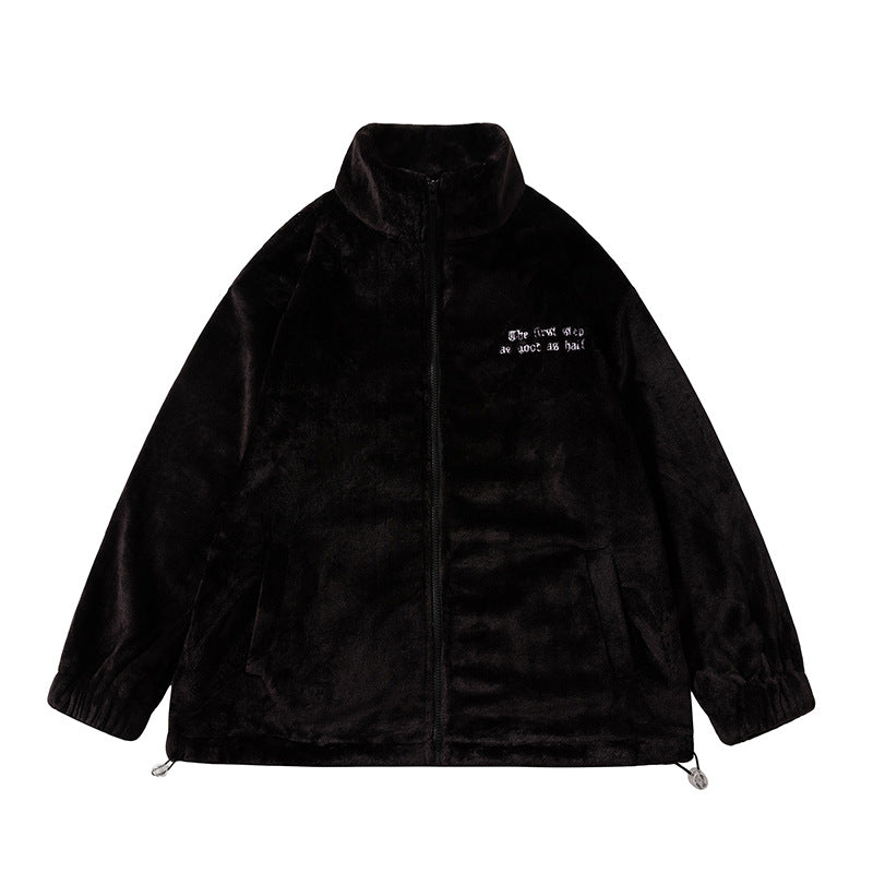 Letter Embroidered Plush Stand Collar Men's Jacket