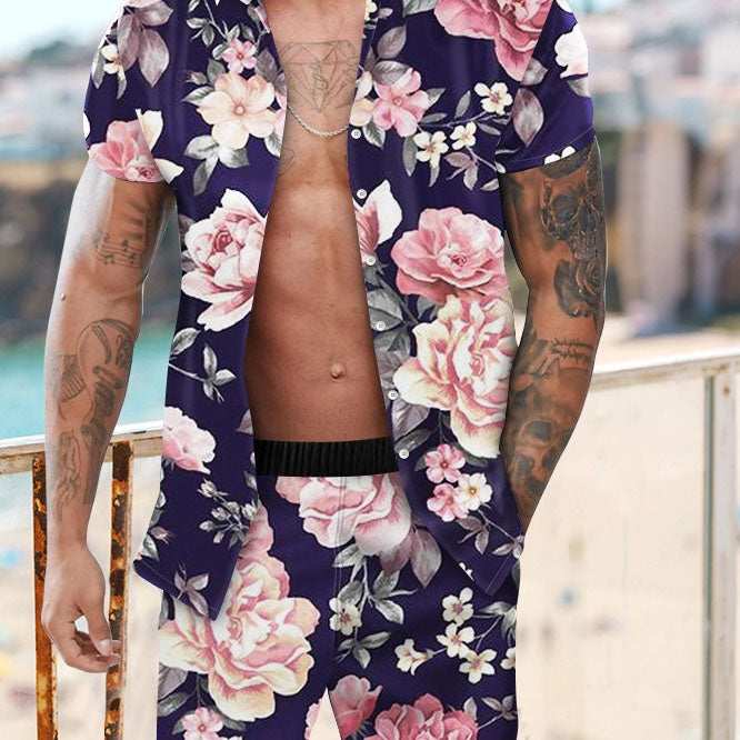 Fashion Personality Vintage Floral Print Hawaiian Vacation Two-Piece Set