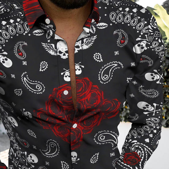 Personality Trend Skull Print Casual Beach Vacation Long Sleeve Shirt
