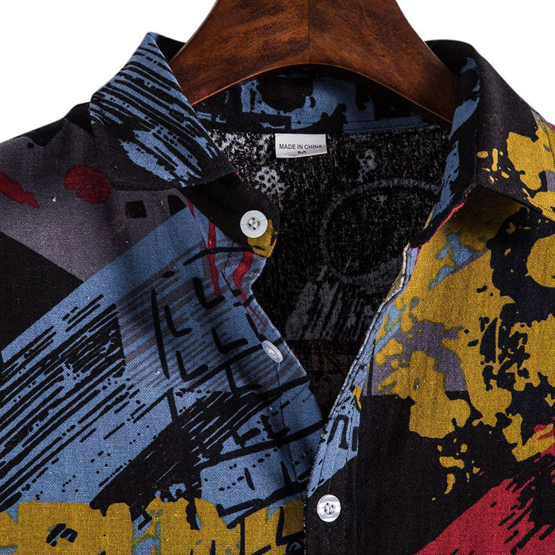Cotton And Linen Printed Pocket Button-down Shirt
