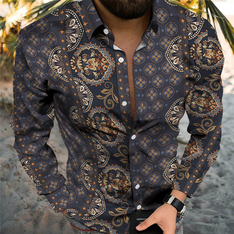 Retro Personality Trend Digital Printing Casual Beach Vacation Long Sleeve Shirt