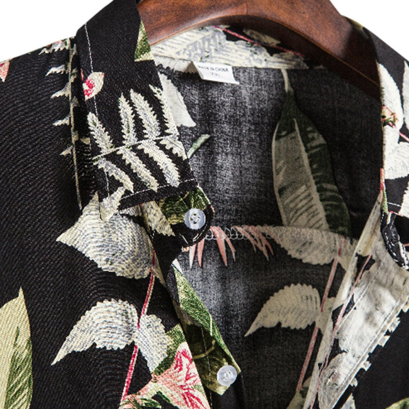 Cotton And Linen Printed Pocket Button-down Shirt