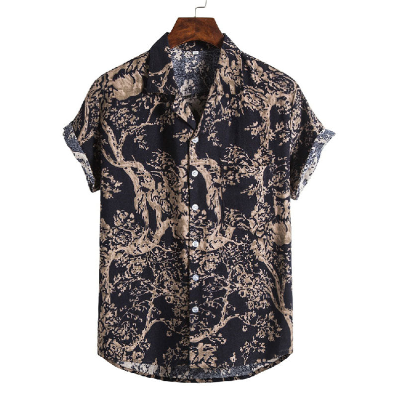 Cotton And Linen Printed Pocket Button-down Shirt