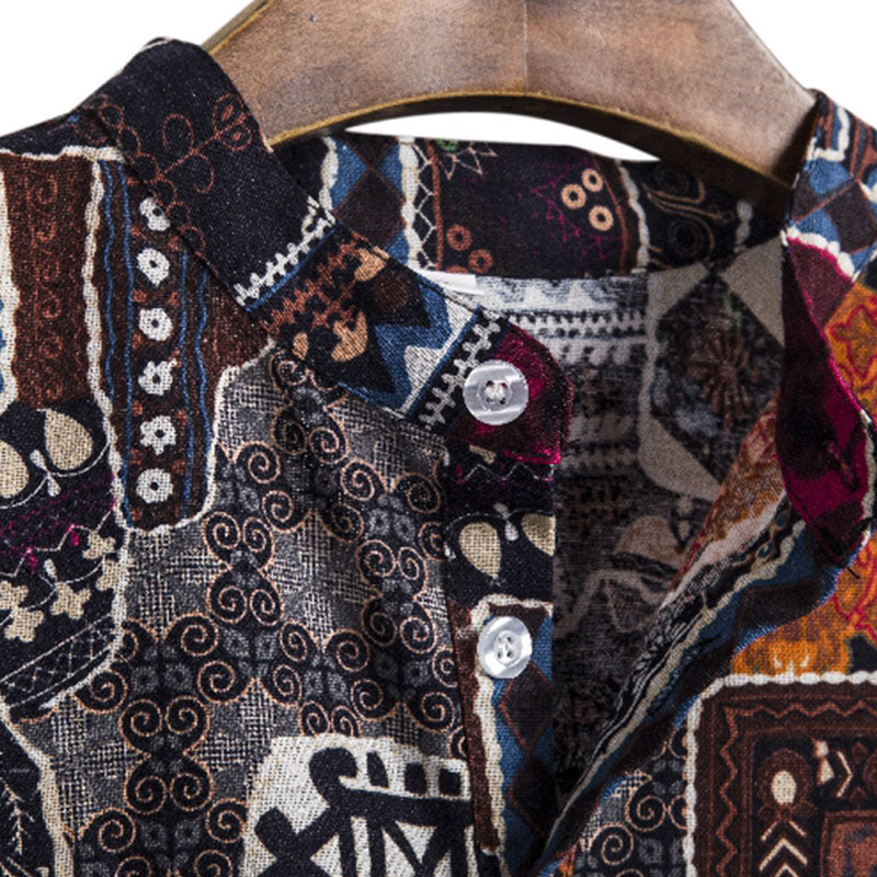 Cotton And Linen Printed Pocket Button-down Shirt