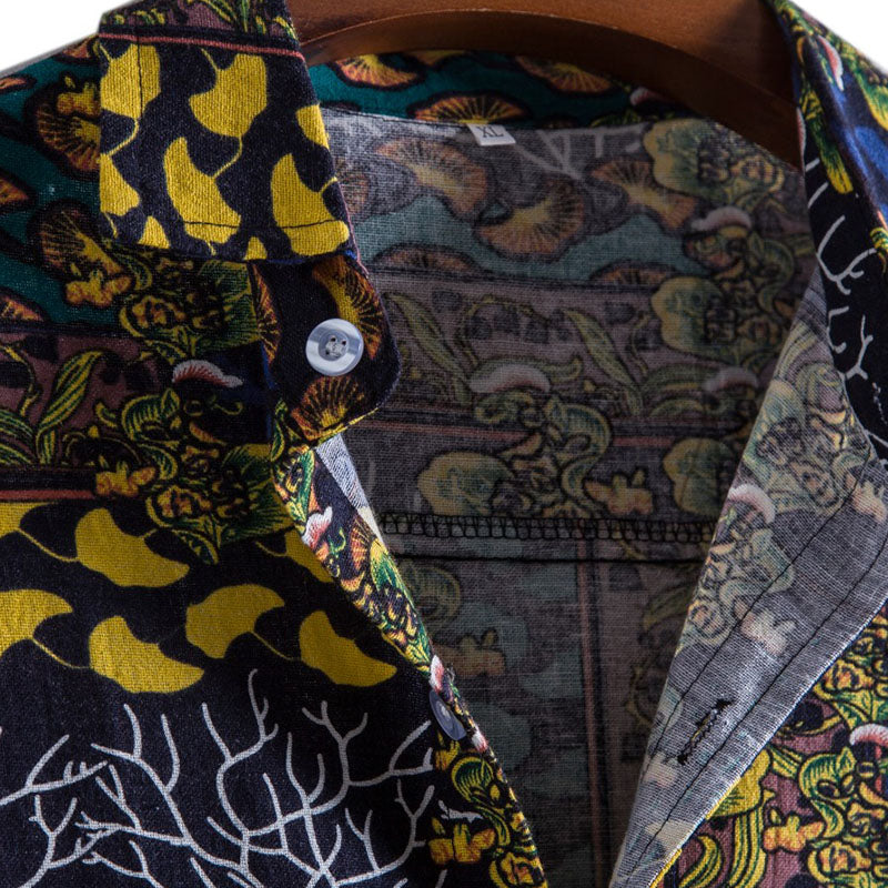 Cotton And Linen Printed Pocket Button-down Shirt
