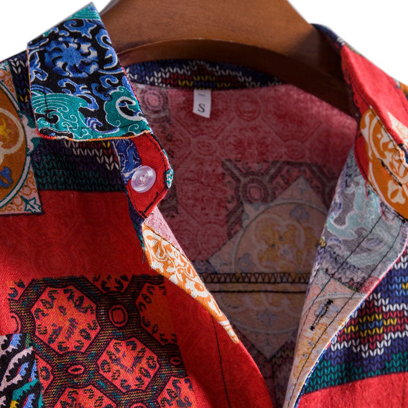 Cotton And Linen Printed Pocket Button-down Shirt