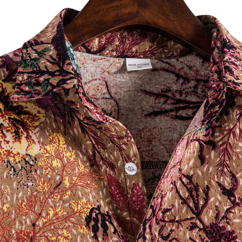 Cotton And Linen Printed Pocket Button-down Shirt