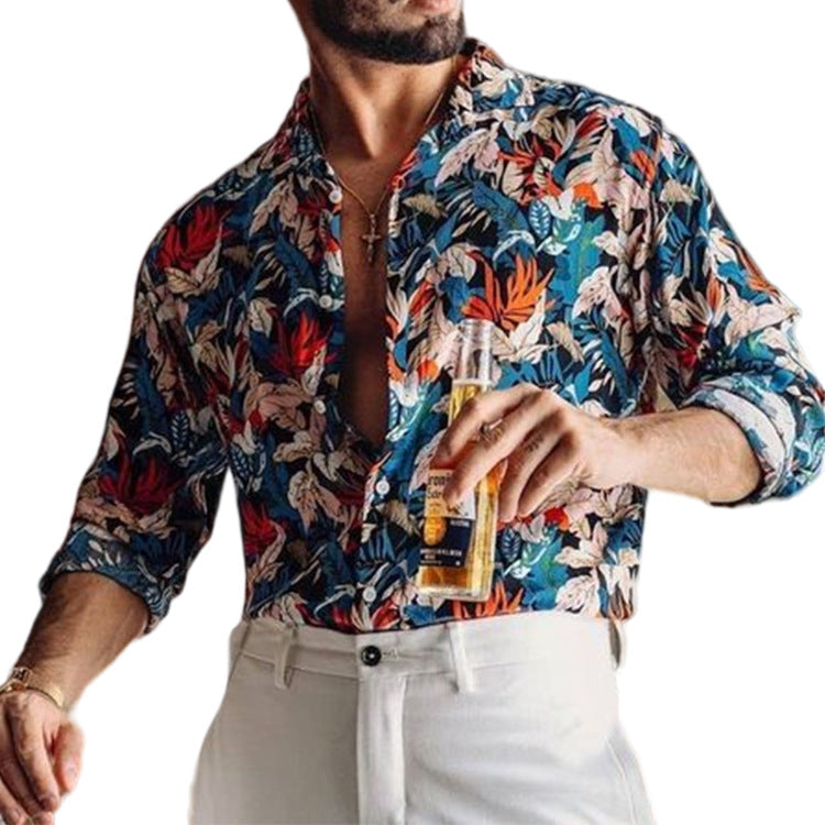 Men's Lapel Leaf Print Casual Long Sleeve Shirt