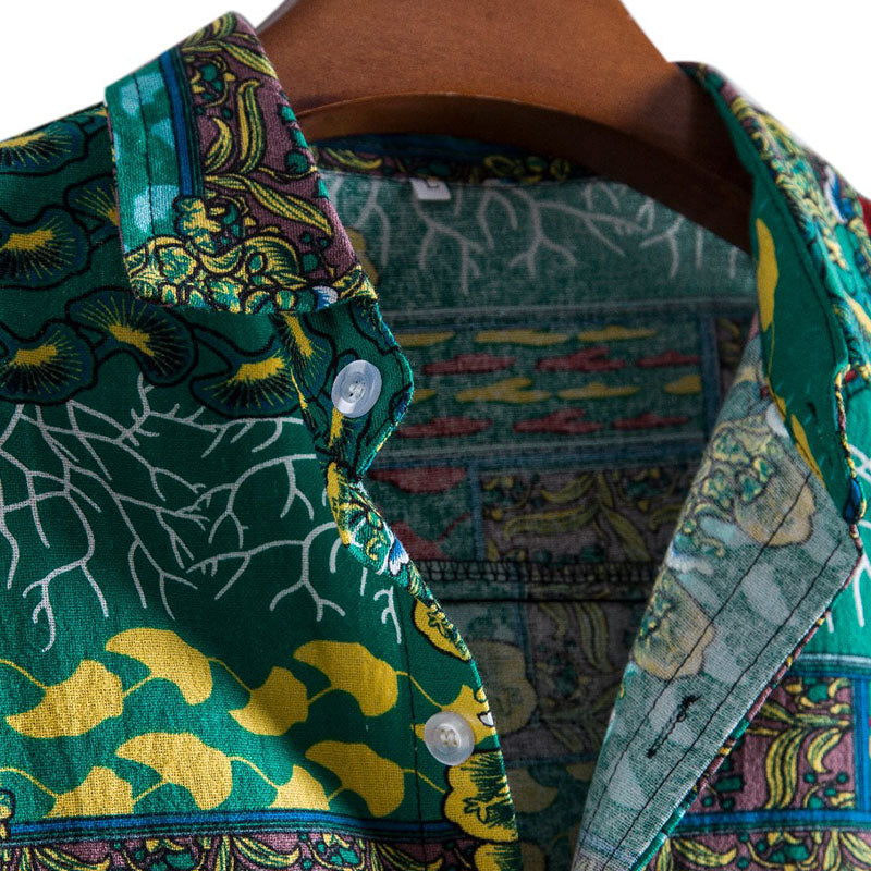 Cotton And Linen Printed Pocket Button-down Shirt