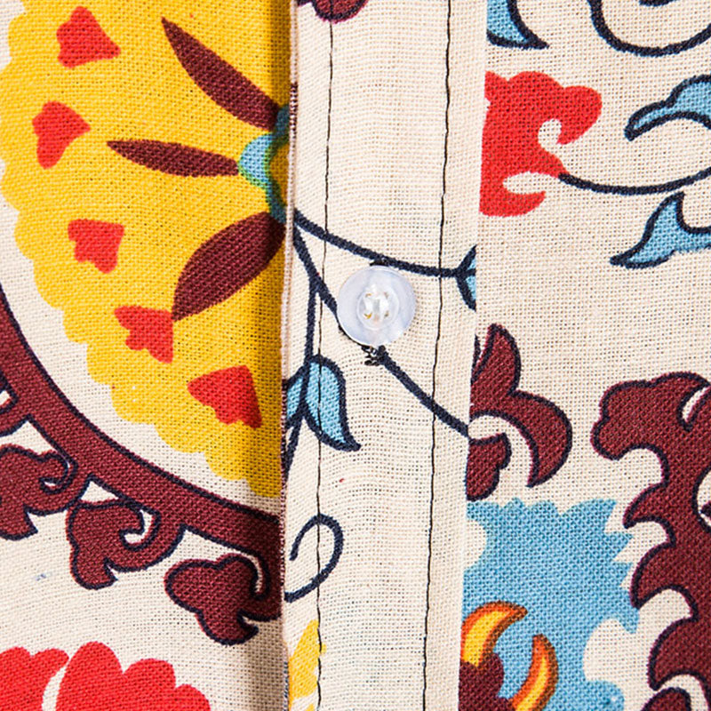 Cotton And Linen Printed Pocket Button-down Shirt