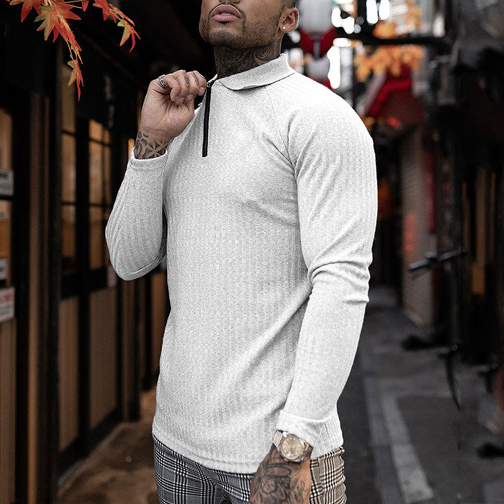Lapel Zip Stretch Breathable Sports Men's Long Sleeve T-Shirt