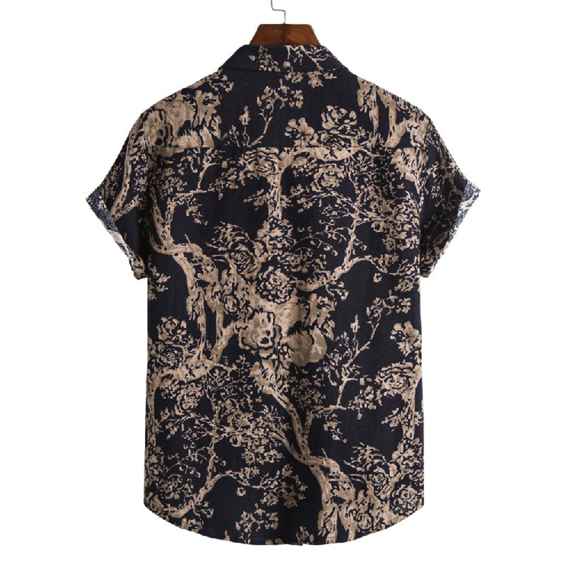 Cotton And Linen Printed Pocket Button-down Shirt