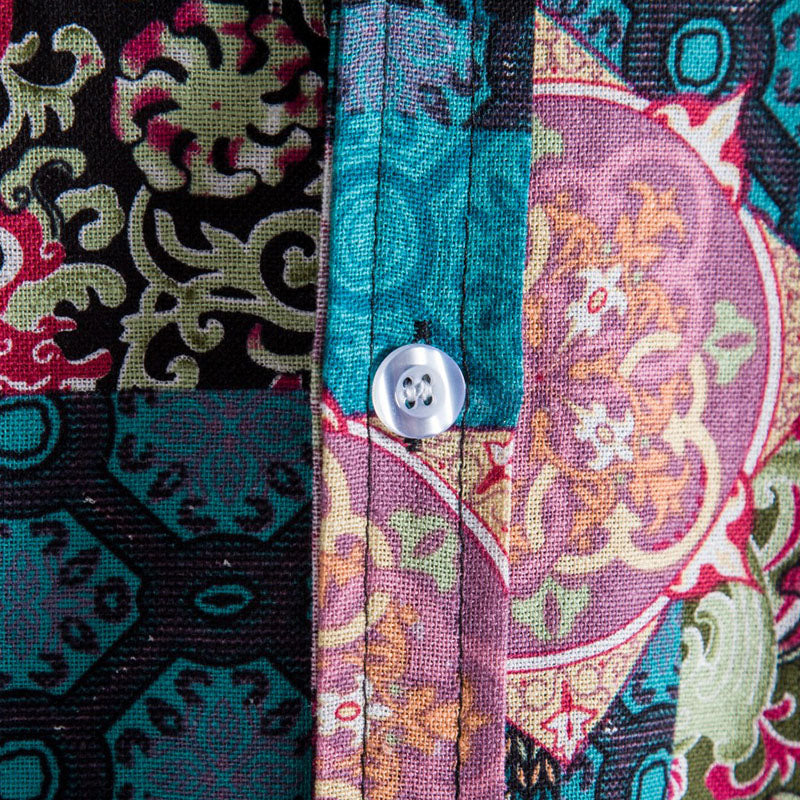 Cotton And Linen Printed Pocket Button-down Shirt