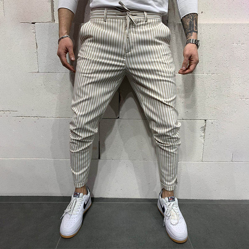 Small footed casual trousers lace up striped trousers