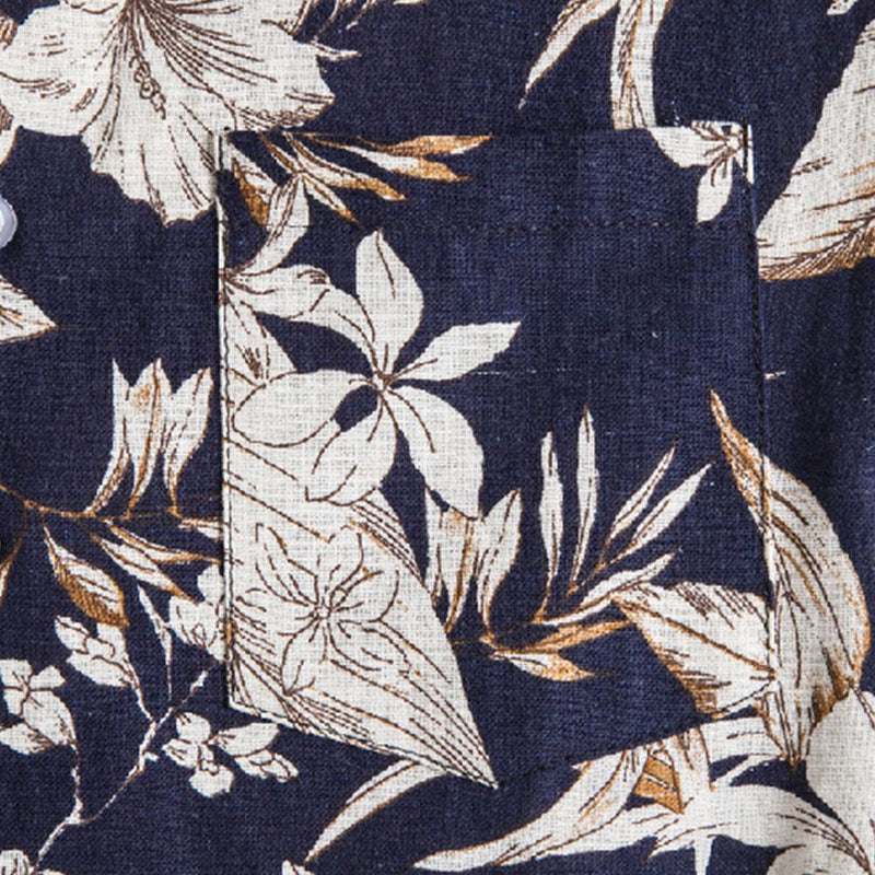 Cotton And Linen Printed Pocket Button-down Shirt