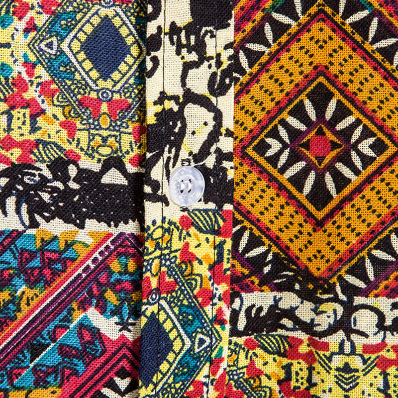 Cotton And Linen Printed Pocket Button-down Shirt