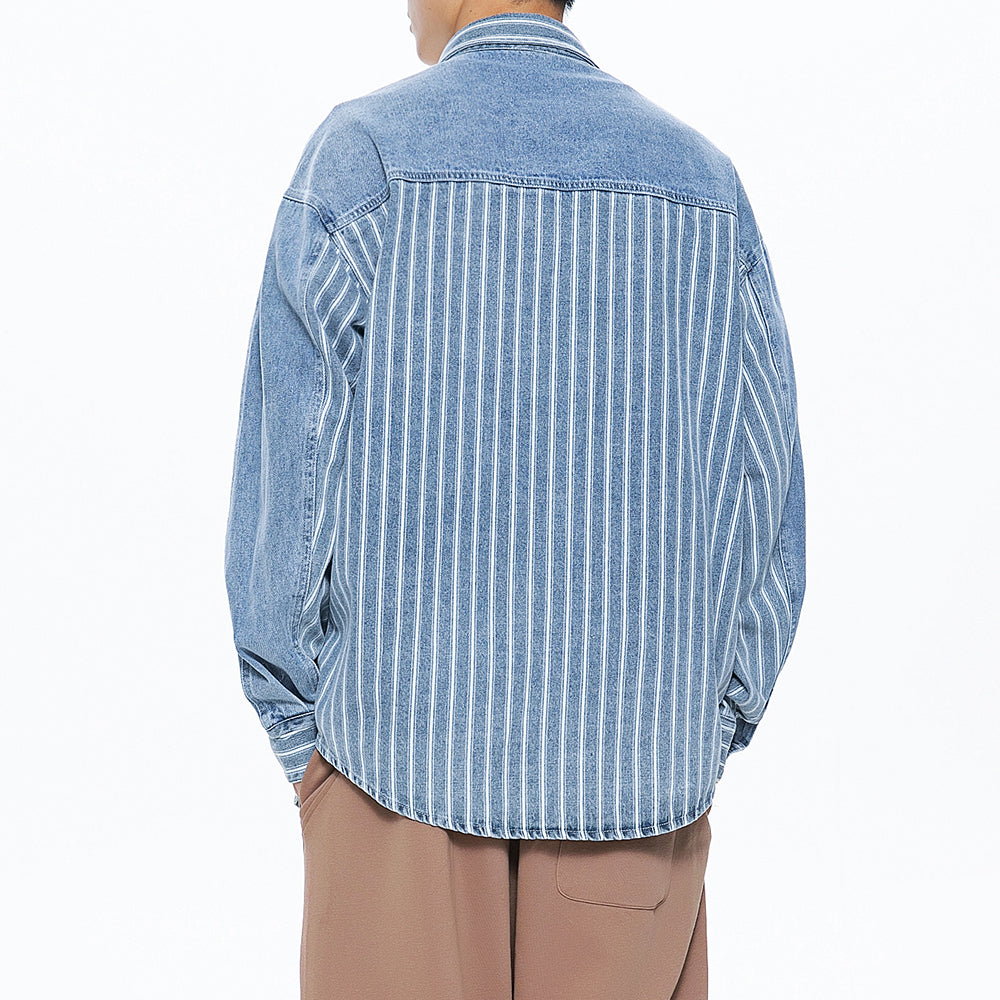 Men's Stitching Striped Button Up Denim Shirts with Pocket